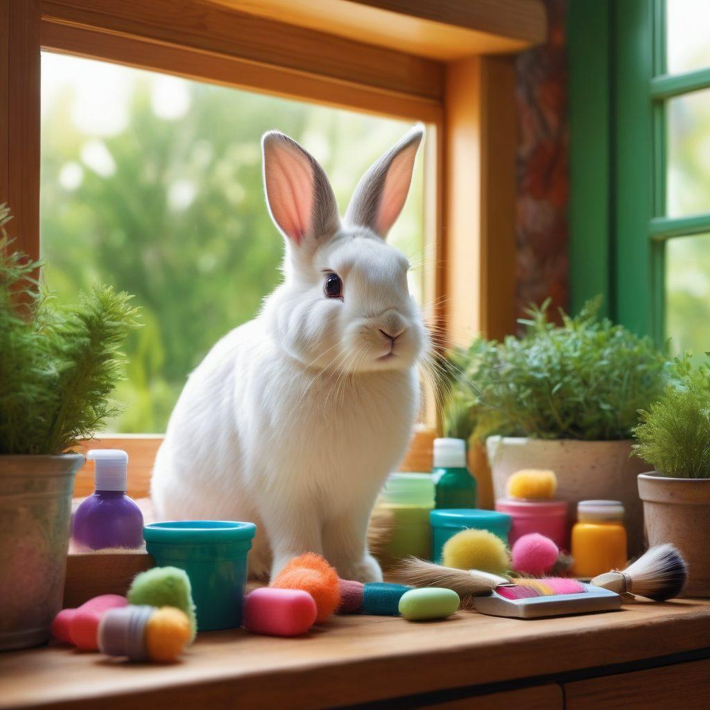 A whimsical scene featuring a cozy bunny care setup, showcasing an array of colorful grooming supplies like brushes and treats, alongside adorable, fluffy bunnies playfully interacting. There should be a soft, warm light filtering through a window, highlighting the bunnies’ fur and the vibrant colors of the supplies. The background can include a lush green garden to emphasize a natural environment. illustration style with vibrant colors and soft textures.