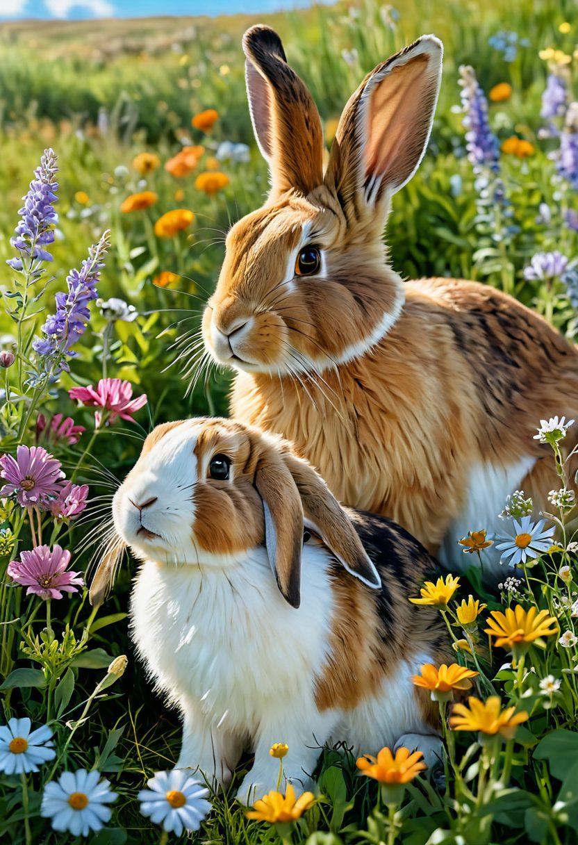 A serene setting featuring various rabbit breeds in an open meadow, showcasing their distinct fur patterns and colors. Include a caring bunny enthusiast gently checking a rabbit's ear for health, surrounded by blooming wildflowers and a sunny sky. The scene conveys warmth, love, and knowledge about rabbit care. super-realistic. vibrant colors. natural light.